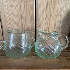 SUGAR AND CREAMER Green Glass Spiral Flute Pattern